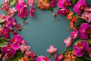 Frame made of beautiful orchids on green background, with space for text, concept of Valentine Day,...
