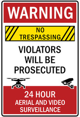 Drone liability sign no trespassing. Violators will be prosecuted. 24 hour aerial and video surveillance