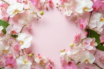 Fototapeta na wymiar Frame made of beautiful orchids on pink background, with space for text, concept of Valentine Day, Mother Day, Women Day