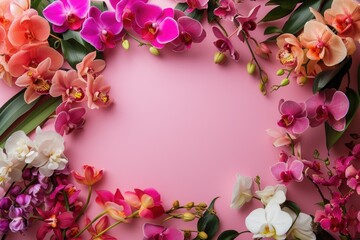 Fototapeta na wymiar Frame made of beautiful orchids on pink background, with space for text, concept of Valentine Day, Mother Day, Women Day