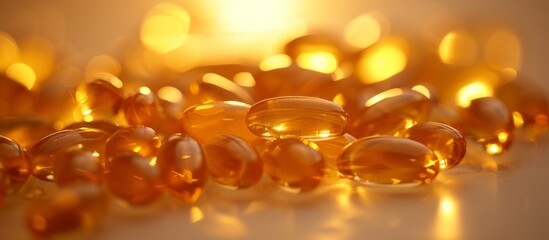 Capsules containing omega 3 vitamins derived from fish or cod liver oil, a supplementary health product.