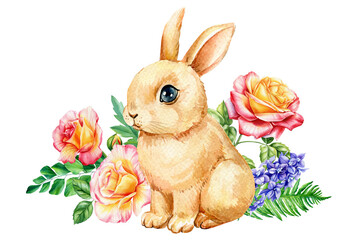 Cute bunny and roses flowers, watercolor hand drawing. spring composition, Happy baby animal, Adorable bunny with flora