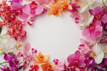 Fototapeta na wymiar Frame made of beautiful orchids on white background, with space for text, concept of Valentine Day, Mother Day, Women Day