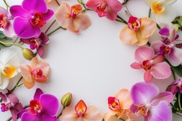Frame made of beautiful orchids on white background, with space for text, concept of Valentine Day, Mother Day, Women Day