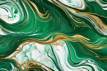 Fototapeta na wymiar Abstract marble marbled ink painted painting texture luxury background banner - Green and white waves swirls gold painted splashes