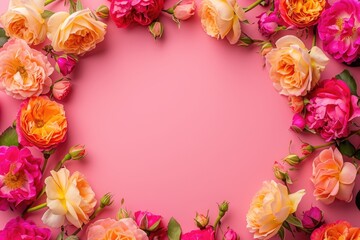 Obraz na płótnie Canvas Frame made of beautiful roses on a pink background with space for text, concept of Valentine's Day, Mother's Day, Women's Day