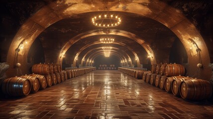 Obraz premium a large cellar with wine barrels and ambient light