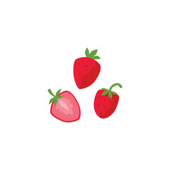 Fresh strawberry with leaves, whole and half vector illustrations set, farm organic natural berries. Juicy sweet fruit