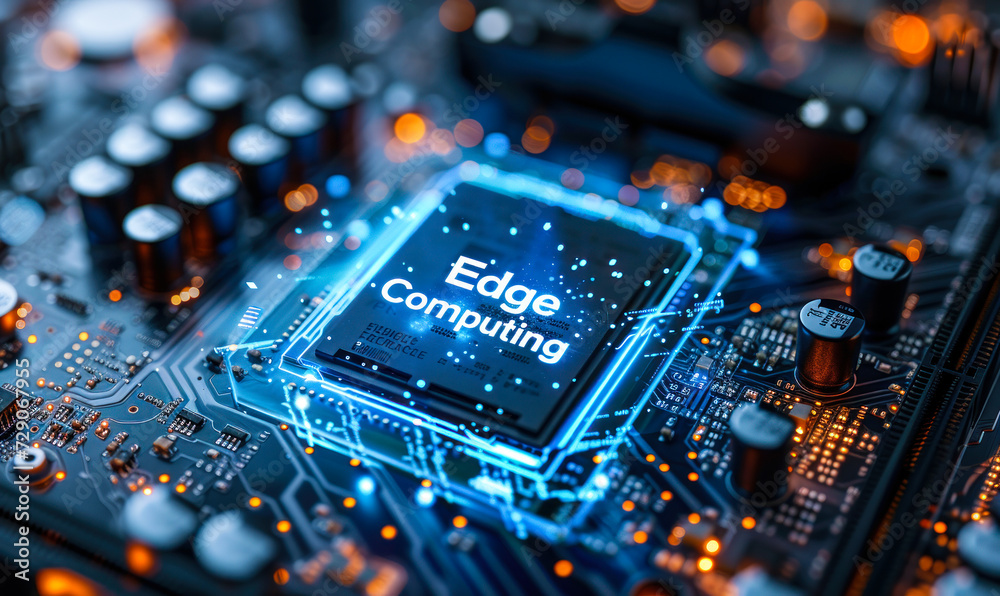 Poster edge computing concept highlighted on a motherboard, illustrating advanced data processing technolog