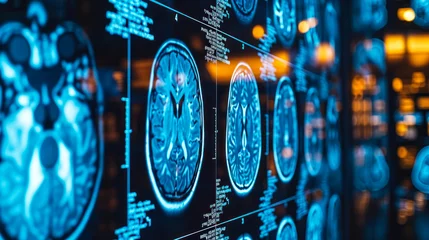 Foto op Plexiglas Advanced medical imaging technology in neon blue showcasing a series of brain MRI scans for neurological research and diagnostics in a clinical setting © Bartek