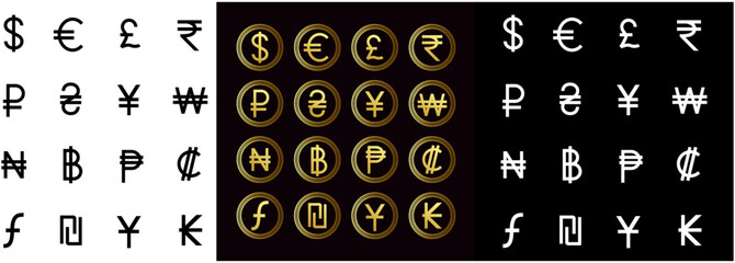 Vector Currency signs of different countries. Set of black, Golden color and White currency symbols.