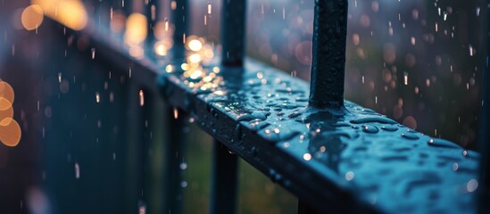 Raindrops falling on an iron balcony railing create a blurred texture background. - Powered by Adobe