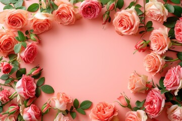 Fototapeta na wymiar Frame made of beautiful roses on a light blue background with space for text, concept of Valentine Day, Mother Day, Women Day