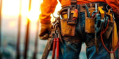Close-up of construction workers tool belt with various tools on a high-rise construction site at sunset, showcasing industry safety and labor