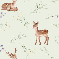 Watercolor seamless pattern baby deer and meadow flowers. Spotted deer isolated on white background. Hand painted wild animal template for fabric. Animal for design print or background. bluebell