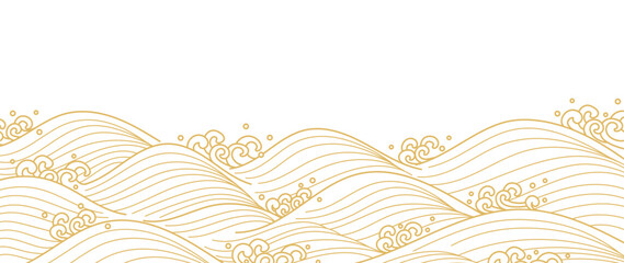Japanese sea wave background vector. Wallpaper design with gold and white ocean wave pattern backdrop. Modern luxury oriental illustration for cover, banner, website, decor, border.