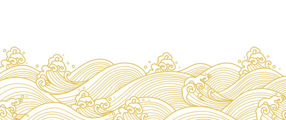 Japanese sea wave background vector. Wallpaper design with gold and white ocean wave pattern backdrop. Modern luxury oriental illustration for cover, banner, website, decor, border. © TWINS DESIGN STUDIO