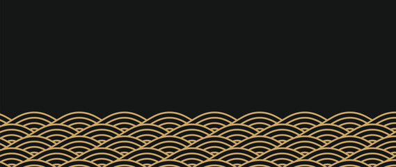 Japanese gold wave background vector. Wallpaper design with gold and black ocean wave pattern backdrop. Modern luxury oriental illustration for cover, banner, website, decor, border.