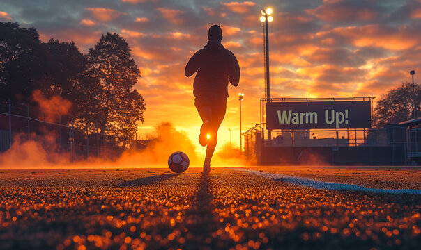 Athlete performing a dynamic warm-up with a soccer ball on the field during a stunning sunrise, preparing for a game with Warm Up in the backdrop