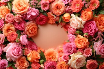 Flowers composition. Frame made of roses on peach background. Concept of Valentine Day, Mother Day, Women Day