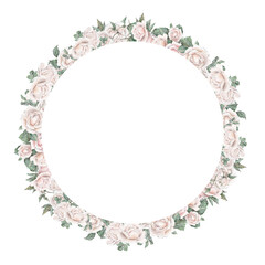 Watercolor invitation design with light cream roses and leaves. Botanical watercolor illustration flower. Template with floral elements. Wreath or round frame hand draw on isolated background