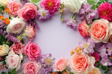 Flowers composition. Frame made of roses on purple background. Concept of Valentine Day, Mother Day, Women Day