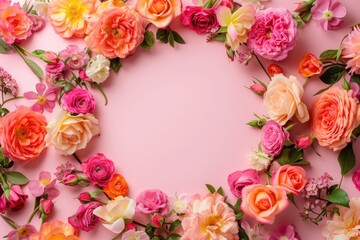 Fototapeta na wymiar Frame made of beautiful roses on a pink background with space for text, concept of Valentine Day, Mother Day, Women Day