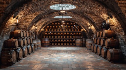 Fototapeta premium a large cellar with wine barrels and ambient light