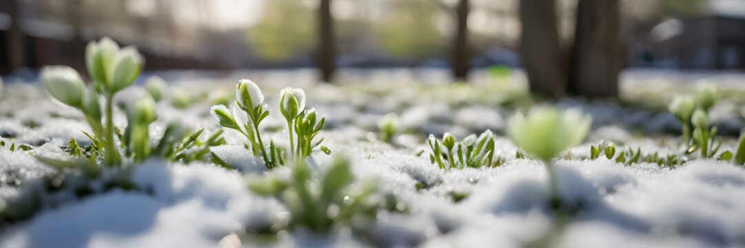 3:1 banner by snowflakes beginning to melt, revealing tender green spring flowers emerging. Presenting the transition from winter to spring. Travel promotion, winter-spring season products, menu.