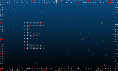 On the left is the capital letter E symbol filled with white dots. Pointillism style. Abstract futuristic frame of dots and circles. Some dots is red. Vector illustration on blue background with stars