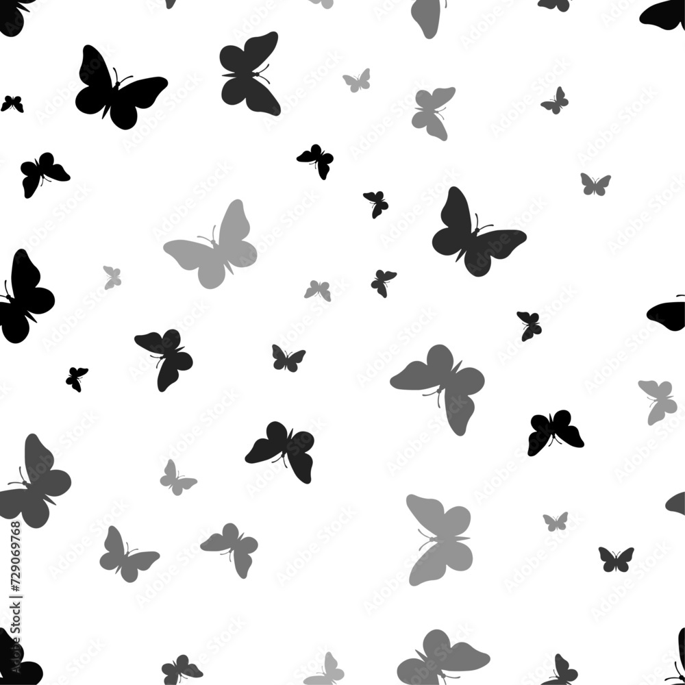 Poster seamless vector pattern with butterfly symbols, creating a creative monochrome background with rotat