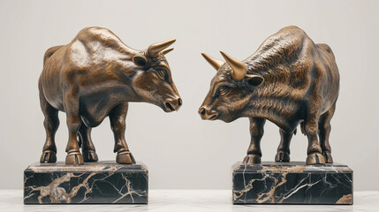Bull and Bear Bronze Statues on Marble Stands Facing Each Other