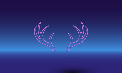 Fototapeta na wymiar Neon deer horns symbol on a gradient blue background. The isolated symbol is located in the bottom center. Gradient blue with light blue skyline