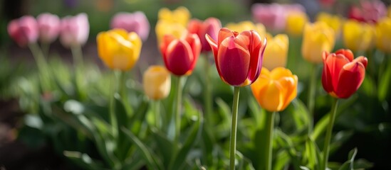 Vibrant tulips bloom in the garden during spring in the park. - obrazy, fototapety, plakaty