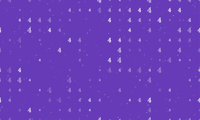 Seamless background pattern of evenly spaced white number four symbols of different sizes and opacity. Vector illustration on deep purple background with stars