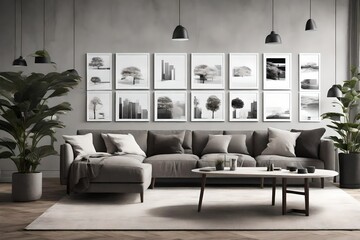 A monochromatic living room with a wall mockup exhibiting customizable digital displays. - obrazy, fototapety, plakaty