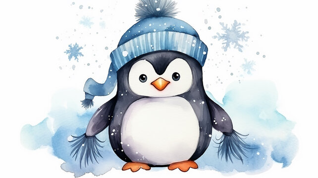 Funny baby penguin, a postcard with a cute winter character on a white background