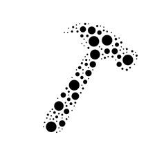 A large hammer symbol in the center made in pointillism style. The center symbol is filled with black circles of various sizes. Vector illustration on white background