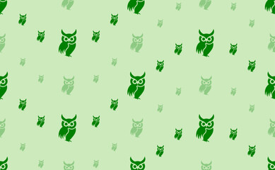 Seamless pattern of large and small green owl symbols. The elements are arranged in a wavy. Vector illustration on light green background