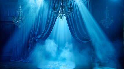 Dark Room with Blue Lighting, Abstract Night Atmosphere, Empty Space with Smoke Effect, Mysterious and Moody