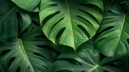 Fototapeta premium Lush Monstera Leaves in Tropical Greenery Botanical Nature Background