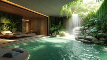 A tranquil indoor zen garden with a waterfall, lush greenery, and natural stone, creating a peaceful retreat within a modern home - obrazy, fototapety, plakaty