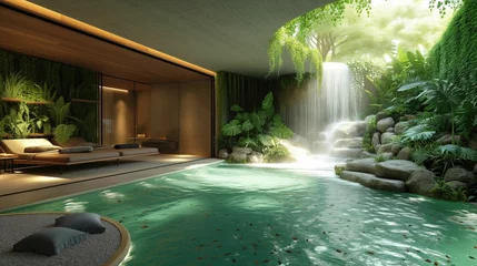 Papier Peint photo Lavable Zen A tranquil indoor zen garden with a waterfall, lush greenery, and natural stone, creating a peaceful retreat within a modern home