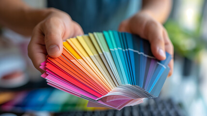 Close-up of a designer's hand holding vibrant color swatches, suggesting creativity and choice in design and planning