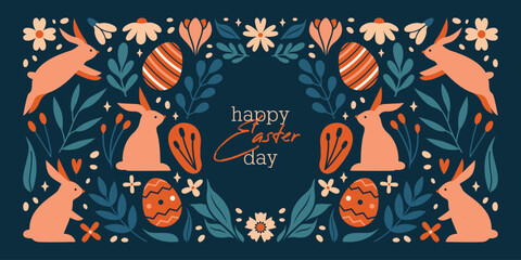 Happy Easter Day. Trendy design with typography, cute illustrations with rabbits, bunnies, plants, eggs, flowers, berries, leaves, stars. Modern minimal style.Horizontal header, greeting card, banner.