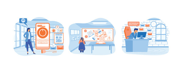 Information overload. Girl hides under table. stressed person in info flood, reading multiple internet media, news and lot of online messages. set flat vector modern illustration