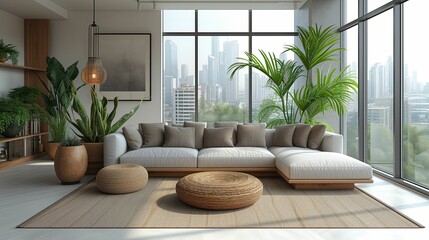A modern living room with plush sofas and lush greenery, framed by floor-to-ceiling windows overlooking a cityscape