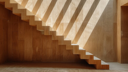 Sunlight streams through a window onto an elegant wooden staircase, creating a warm, geometric interplay of light and shadow