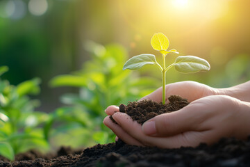 Morning sun shines to the hand holding seedling are growing from the rich soil. Development, ESG, Credit Carbon, Green business, finance and saving money for sustainability investment concept.