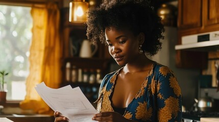 An African American woman reviews bills or paperwork in a modern kitchen, her expression reflecting deep thought and consideration, Generative AI
